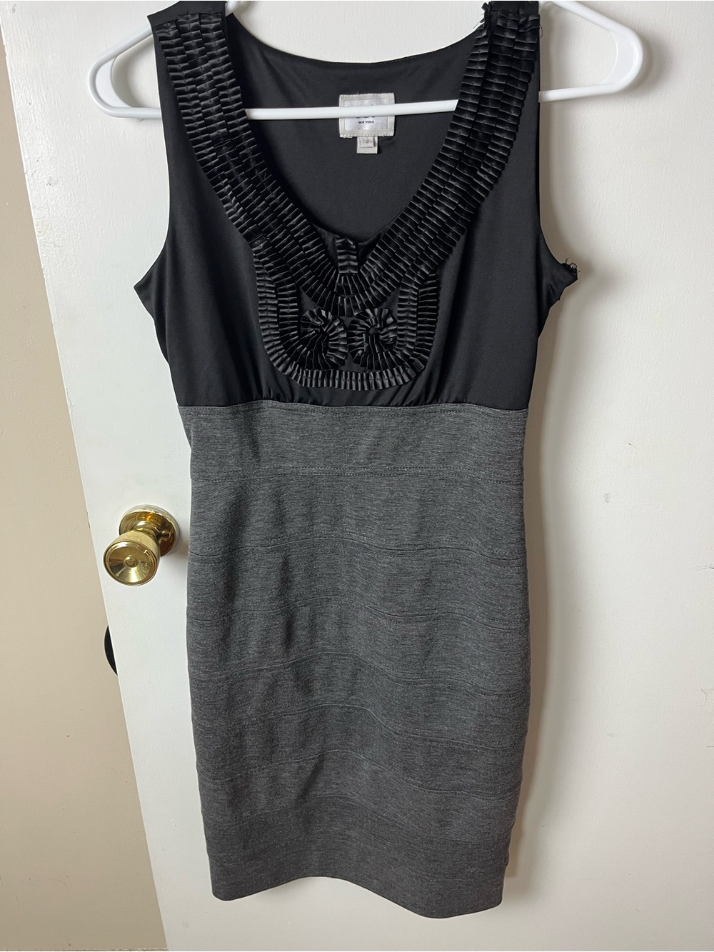 ECI Black & Gray Sleeveless Sheath Dress with Pleated Bib
